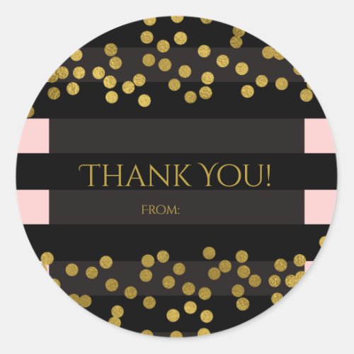 Blushing Pink  Black Stripes Gold Faux Foil Dots Classic Round Sticker