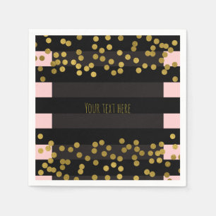 Blushing Pink & Black Stripes Gold Faux Foil Dots Paper Napkins