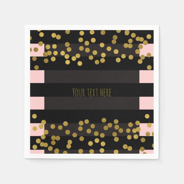 Blushing Pink & Black Stripes Gold Faux Foil Dots Paper Napkins (Front)