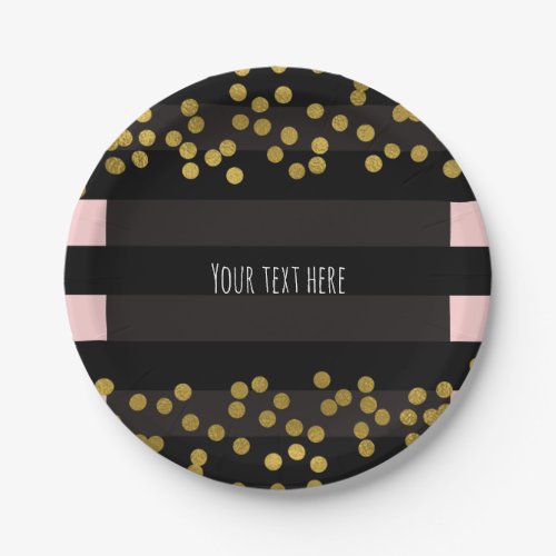 Blushing Pink  Black Stripes Gold Faux Foil Dots Paper Plates