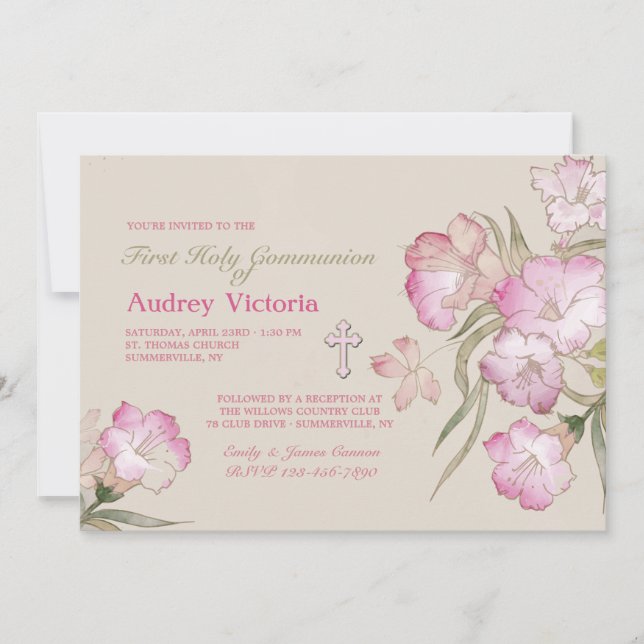 Blushing Pink Floral Communion Invitation (Front)