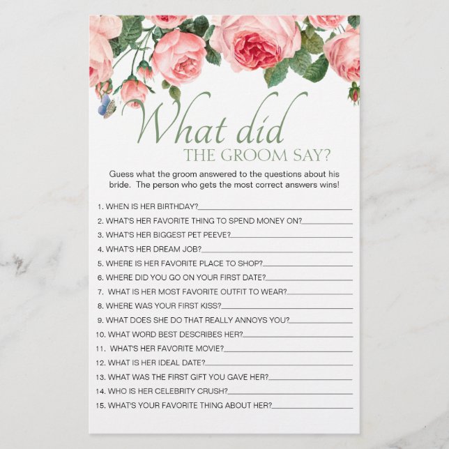 Blushing Pink Floral Game What Would the Groom Say Flyer (Front)