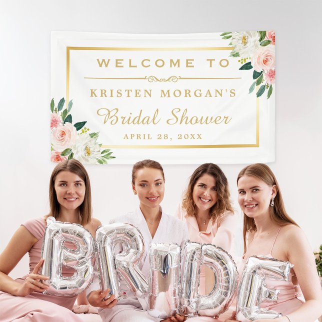 Blushing Pink Floral Gold Frame Bridal Shower Banner (Creator Uploaded)