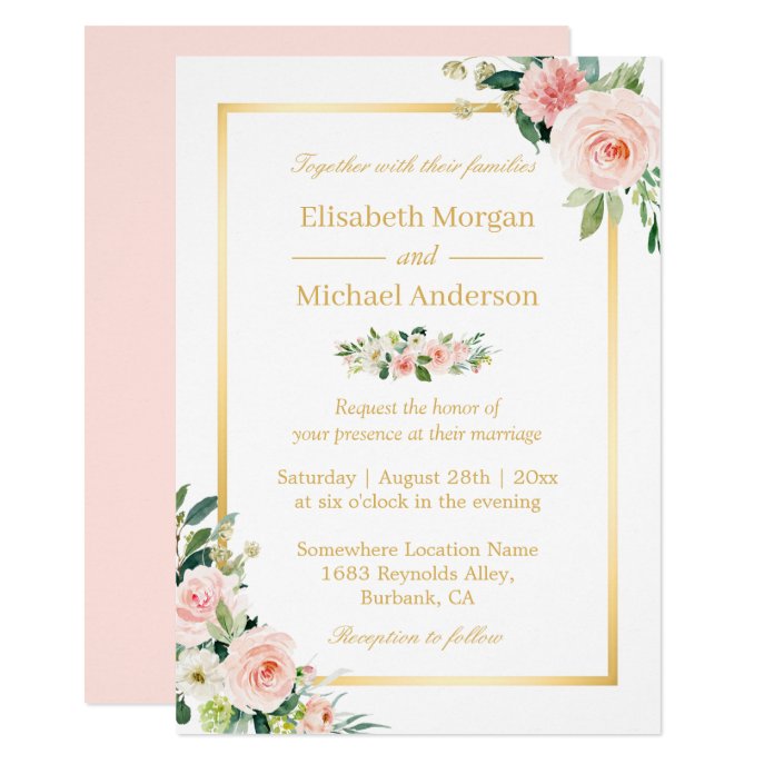 Blushing Pink Floral Gold Frame Elegant Wedding Invitation