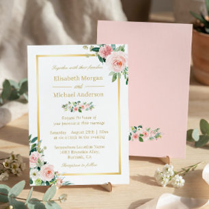 Blushing Pink Floral Gold Frame Elegant Wedding Invitation
