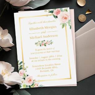 Blushing Pink Floral Gold Frame Elegant Wedding Invitation