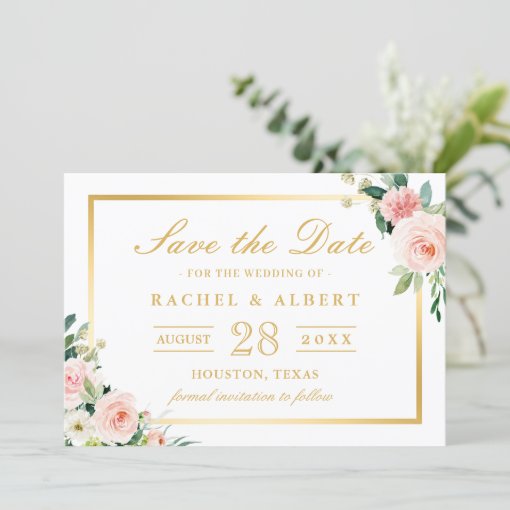 Blushing Pink Floral Gold Frame Wedding Save The Date Zazzle