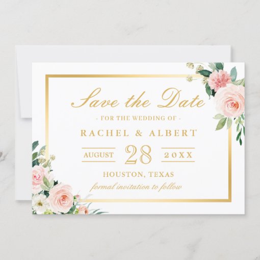 Blushing Pink Floral Gold Frame Wedding Save The Date | Zazzle