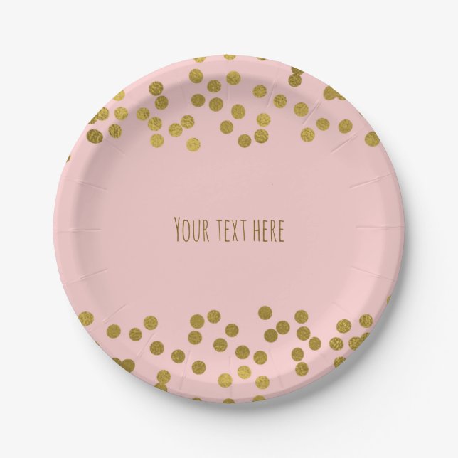 Blushing Pink & Gold Faux Foil Confetti Dots Paper Plates (Front)