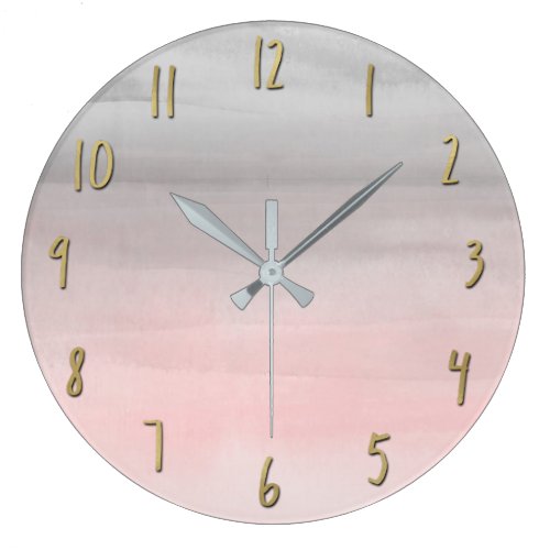 Blushing Pink &amp; Grey Modern Watercolor Girly Glam Large Clock