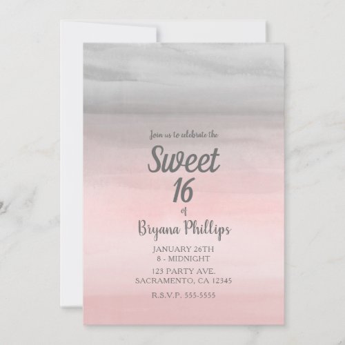 Blushing Pink  Grey Modern Watercolor Sweet 16 Invitation