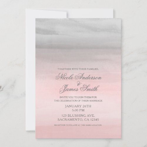 Blushing Pink  Grey Modern Watercolor Wedding Invitation