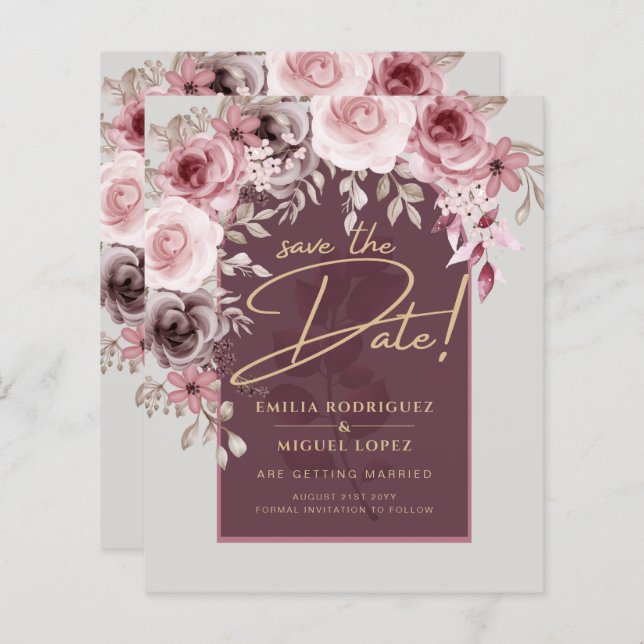 Blushing Pink Maroon Floral Wedding SAVE THE DATE (Front/Back)