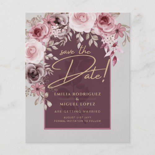 Blushing Pink Maroon Floral Wedding SAVE THE DATE Flyer