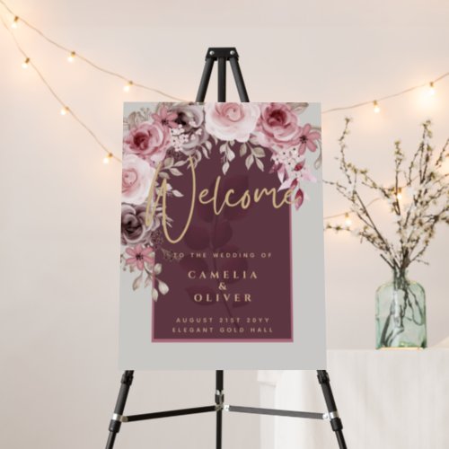Blushing Pink Maroon Floral Wedding WELCOME SIGN