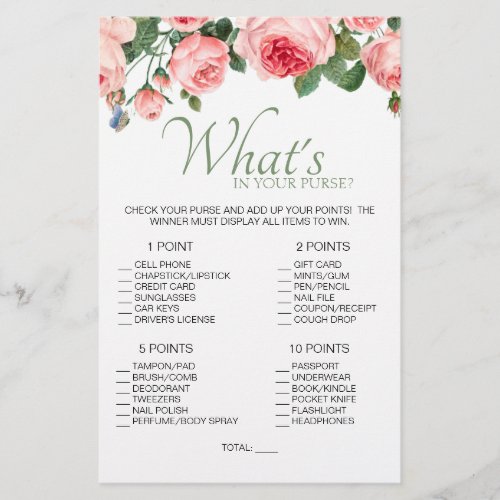 Blushing Pink Rose Floral Game Whats In Your Purse Flyer