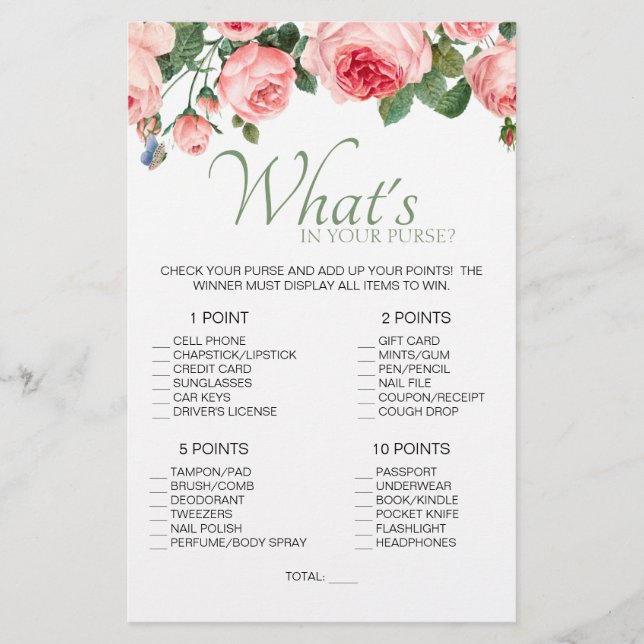 Blushing Pink Rose Floral Game Whats In Your Purse Flyer (Front)