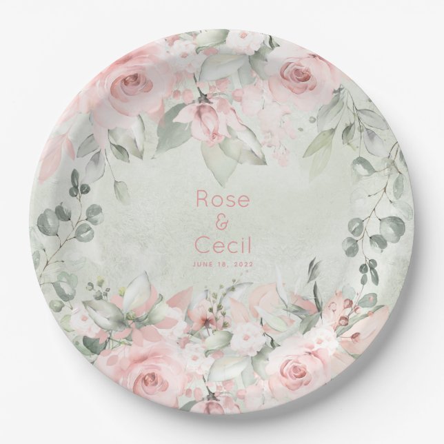 Blushing Pink Roses Wedding 9 Inch Dinner Paper Plates (Front)