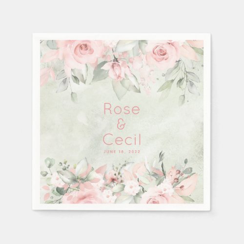 Blushing Pink Roses Wedding Cocktail Napkins