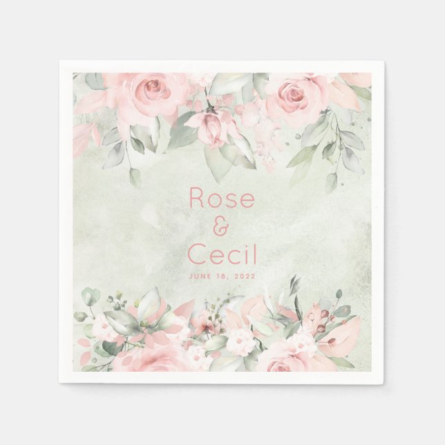 Blushing Pink Roses Wedding Cocktail Napkins (Front)