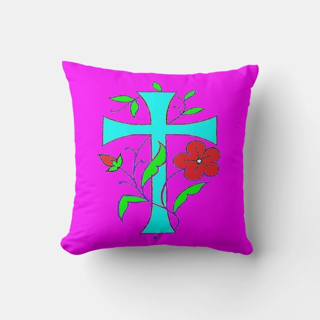 BLUSHING PINK WITH A BLUE CROSS AND RED FLOWER THROW PILLOW (Front)