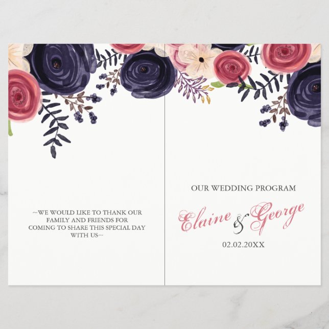 blushing red Navy floral Wedding programs (Front)