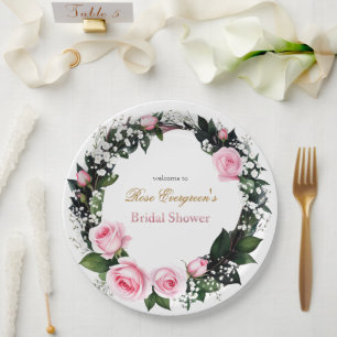 Blushing Romance: Pink Rose Bridal Shower Paper Plates