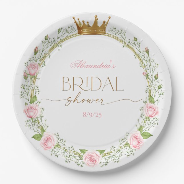 Blushing Romance: Pink Roses & Baby’s Breathe Paper Plates (Front)