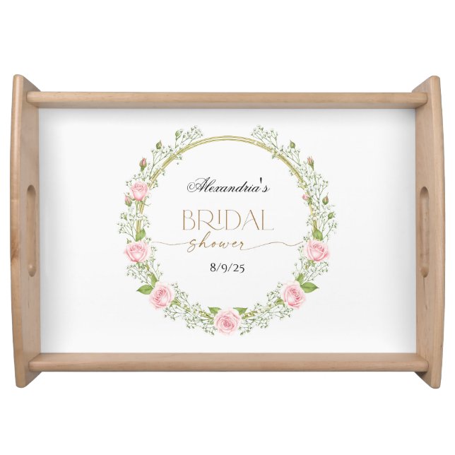 Blushing Romance: Pink Roses & Baby’s Breathe Serving Tray (Front)