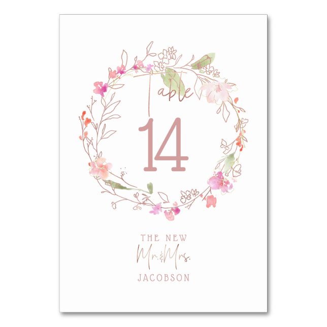 Blushing Romance, Sweetpeas Floral Wreath Table Number (Front)