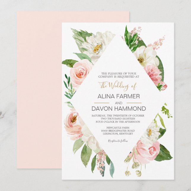 Blushing Rose Blush Pink and White Floral Wedding Invitation (Front/Back)