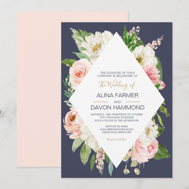 Blushing Rose Blush Pink White Navy Floral Wedding Invitation (Front/Back)