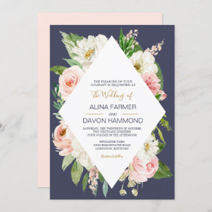 Blushing Rose Blush Pink White Navy Floral Wedding Invitation