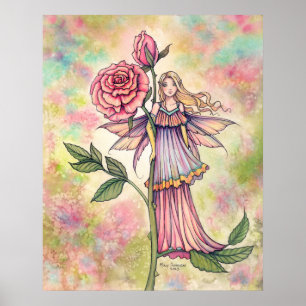 Blushing Rose Fairy with Pink Roses Art Poster