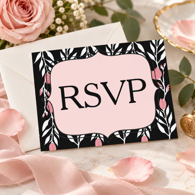 Pink Roses Invite Blushing Rose Garden RSVP Black & Pink Floral Invitation Postcard | Zazzle