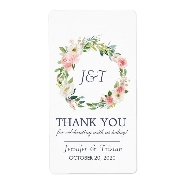Blushing Rose Navy Blush Floral Wedding Thank You Label (Front)
