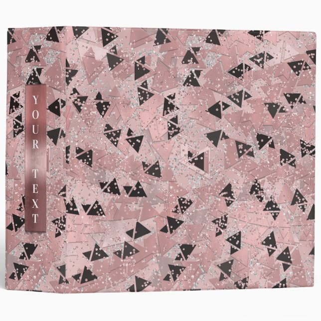 Blushing Rose Pink Gold & Black Triangles Pattern 3 Ring Binder (Front/Spine)