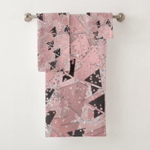 Blushing Rose Pink Gold & Black Triangles Pattern Bath Towel Set