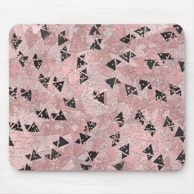 Blushing Rose Pink Gold & Black Triangles Pattern Mouse Pad (Front)
