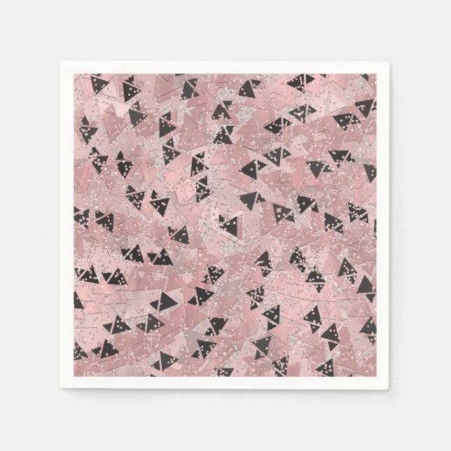 Blushing Rose Pink Gold & Black Triangles Pattern Napkins (Front)