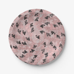 Blushing Rose Pink Gold & Black Triangles Pattern Paper Plates