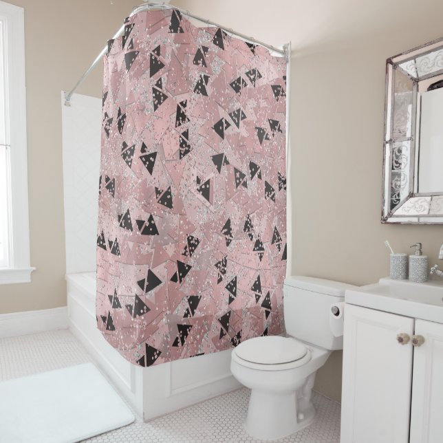 Blushing Rose Pink Gold & Black Triangles Pattern Shower Curtain (In Situ)