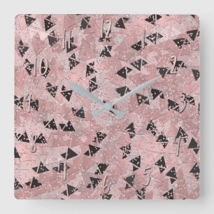 Blushing Rose Pink Gold & Black Triangles Pattern Square Wall Clock