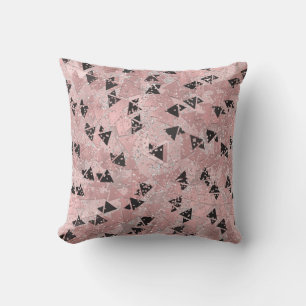 Blushing Rose Pink Gold & Black Triangles Pattern Throw Pillow