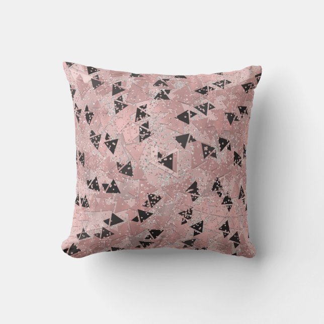 Blushing Rose Pink Gold & Black Triangles Pattern Throw Pillow (Front)