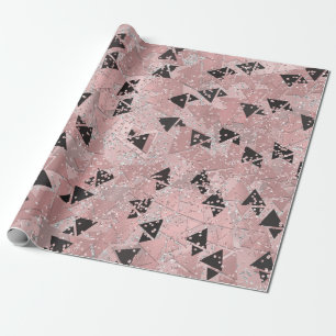 Blushing Rose Pink Gold & Black Triangles Pattern Wrapping Paper