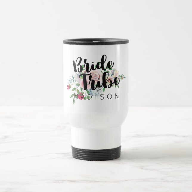 Blushing Rose Watercolor Wedding Bride Tribe Travel Mug (Center)