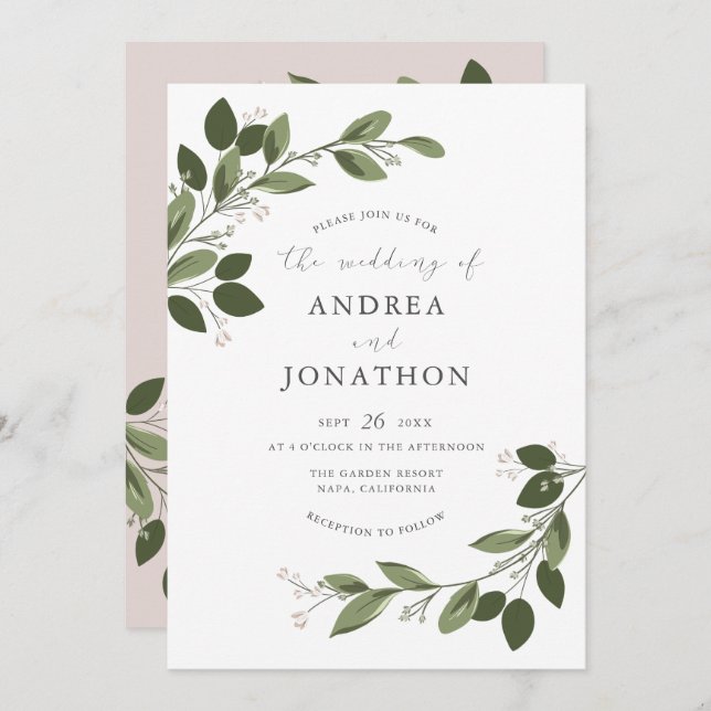 Blushing Sprigs Wedding Invite with Pink Back (Front/Back)