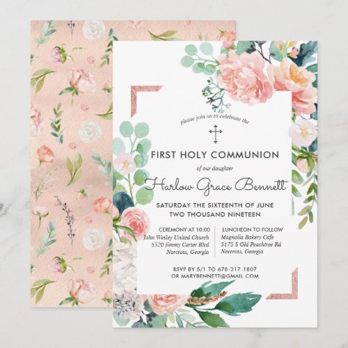 Blushing Summer Floral First Communion Invitation