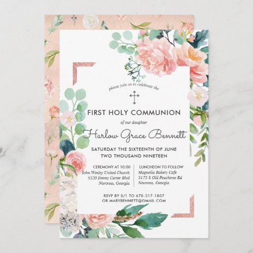 Blushing Summer Floral First Communion Invitation